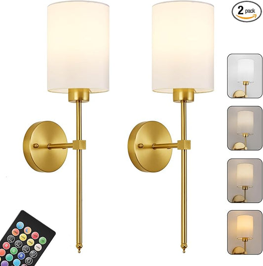 Battery Operated Wall Sconces Set of Two,Wireless Rechargeable Wall Light With Remote Control, Dimmable, Amber Light/Warm White/Natural White/Daylight/RGB, Timer,for Living Room,Bedroom,Entryway,Gold