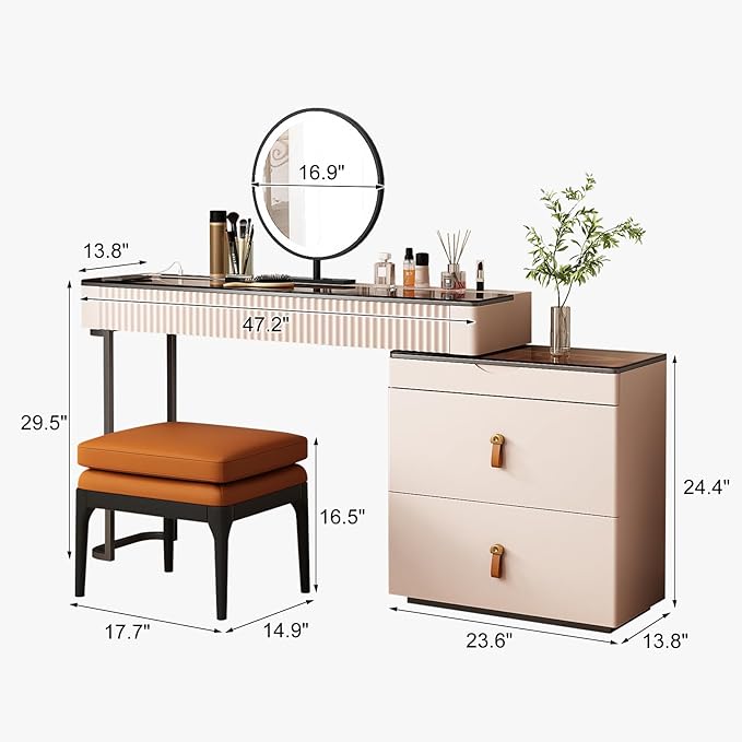 Lartis Makeup Vanity、extendable Dresser Set、Dressing Table,Super Storage、LED Lighted Vanity Mirror with ash All Solid Wood upholstered Makeup Stool