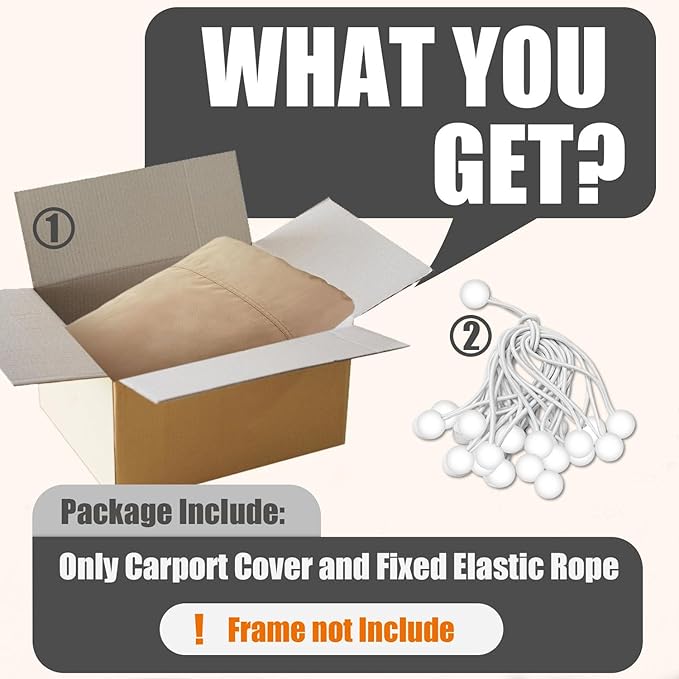 12'x20' Canopy Replacement Cover,Beefull Carport Replacement Canopy for Car Garage, Waterproof & UV Protected Tarp with Ball Bungees, Beige(Frame is not Included)