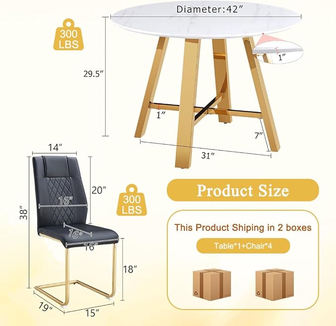 Round Dining Table Set for 4, Modern Kitchen Dining Table Chairs Set for 4, 42" Faux Marble Dining Room Table Set & 4 PU Leather Chairs for Kitchen Living Office Cafe Small Space