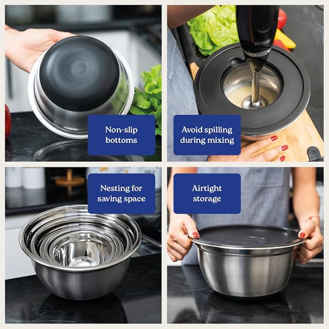 WHYSKO Stainless Steel Mixing Bowls with Lids Set - 5 Rustproof Metal Nesting Mixing Bowls for Kitchen, Meal Prep, Baking, Cooking, Storage - Includes 3 Grater Attachments, Dishwasher Safe