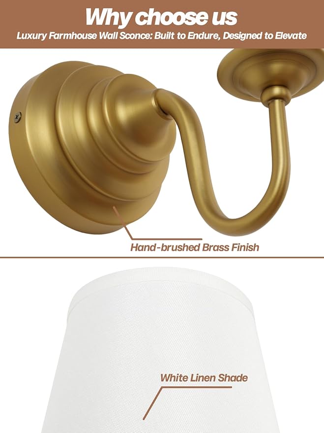 Vintage Fabric Wall Sconce Light with Curved Arm, Rustic Linen Cloth Wall Light Fixtures, Hardwired Brass Wall Mounted Lamp for Bathroom Vanity Bedroom Living Room