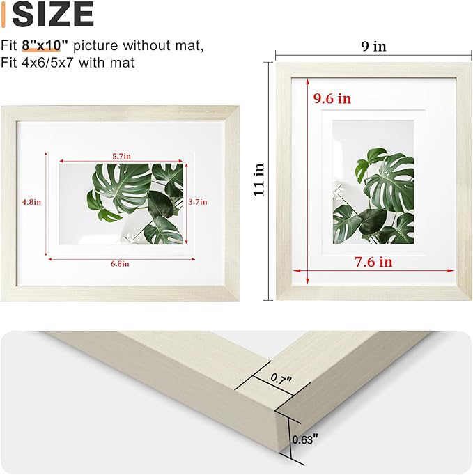 Egofine 8x10 Picture Frame Made of Solid Wood with Plexiglass, Display Pictures 4x6/5x7 with Mat or 8x10 Without Mat for Tabletop and Wall Mounting, Beige
