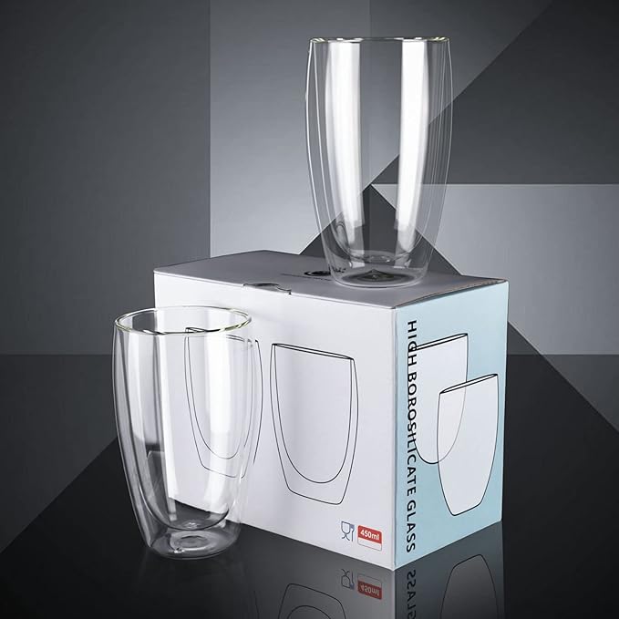 15oz Double Wall Glass Coffee Mugs, Insulated Latte Cups Set of 2, for Coffee, Espresso, Tea, Milk, Clear Cappuccino Cups Set Glassware Gift for Christmas Birthday