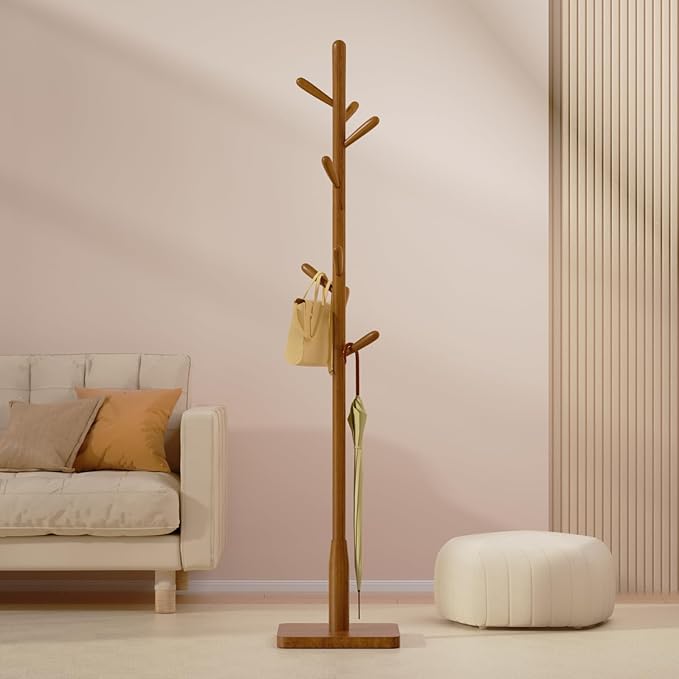 Solid Wood Square Base Coat Rack, Free Standing Hall Coat Tree with 8 Hooks（+2 spare for Coats, Hats, Bags, Purses, for Entryway, Hallway, Rubberwood Hooks,Base and Pole,(Square Base,Brown)