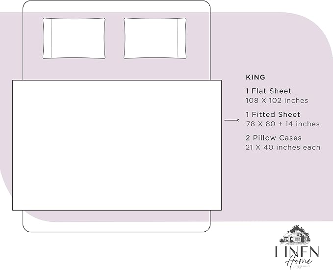 Linen Home 100% Cotton Percale Sheets King Size, Iris Lilac, Deep Pocket, 4 Pieces Set - 1 Flat, 1 Deep Pocket Fitted Sheet and 2 Pillowcases, Crisp Cool and Strong Bed Linen