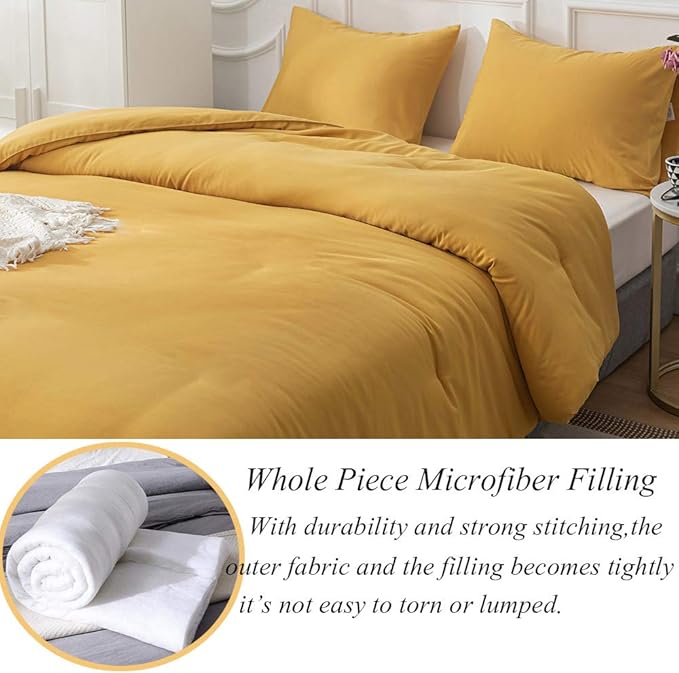 Luxlovery Mustard Yellow Comforter Set Twin Dark Yellow Bedding Comforter Sets Solid Color Modern Comfy Lightweight Blanket Quilts Breathable Soft Comforter Set for Kids Adults