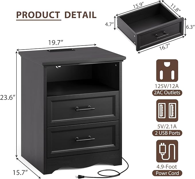 19.7" Night Stand with Charging Station, Farmhouse End Table with 2 Drawers Storage, Black Wooden Nightstand, Bed Side Table with Open Shelf, Bedside Cabinet for Bedroom, Living Room