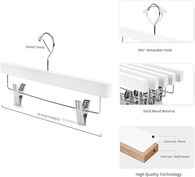 Nature Smile Wooden Pants Hangers Wood Bottom Jeans Skirt Hanger with Clips Anti Rust Hook Pack of 10 (White)