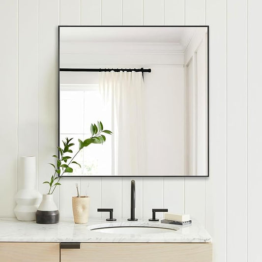 28x28 Inch Black Bathroom Mirror, Copper-Free Aluminum Alloy Frame Vanity Mirror, Rectangle Wall Mounted Modern Mirror for Bedroom/Living Room/Porch Horizontal or Vertical
