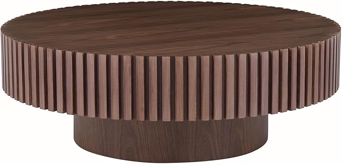 Round Coffee Table for Living Room, Accent Fluted Drum Coffee Table with Storage, Modern Solid Wood Circle Center Tea Table for Small Space Apartment (35.4''D×14''H-Walnut)