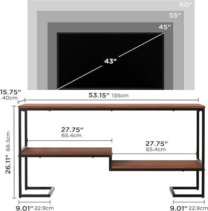 TV Stand for TV up to 60 Inch, TV Console Table with Open Storage Shelves, Industrial Media Entertainment Center for Living Room, Bedroom, Brown and Black