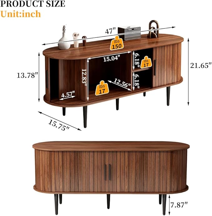 47" Mid-Century Modern TV Stand with Sliding Door & Storage | Walnut Media Console for Living Room | Gaming Entertainment Center Cabinet for Bedroom/Office (47")