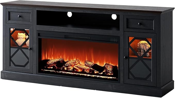 AMERLIFE Farmhouse Fireplace TV Stand with 37" Fireplace, 70" Large LED Media Entertainment Center for 80" TVs, 31" Tall Highboy TV Console Cabinet with Diamond Door for Living Room, Espresso+Gray