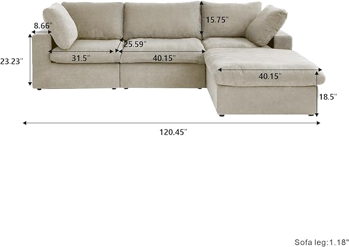 JACH 120" L Shape Cloud Sectional Couches for Living Room, Modern Convertible Modular Sofa, Couch Cushion Covers Removable, Sectional Sofas for Party Bedroom Apartment (Khaki)