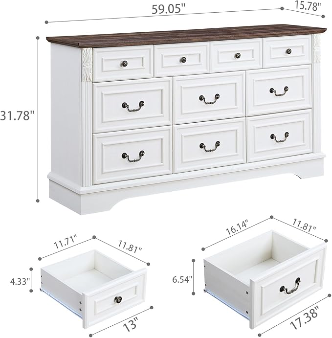 BLANKSPACE Farmhouse Dresser for Bedroom, 10 Chest of Drawers Antique White Cabinet Organizer with Carved Design for Living Room