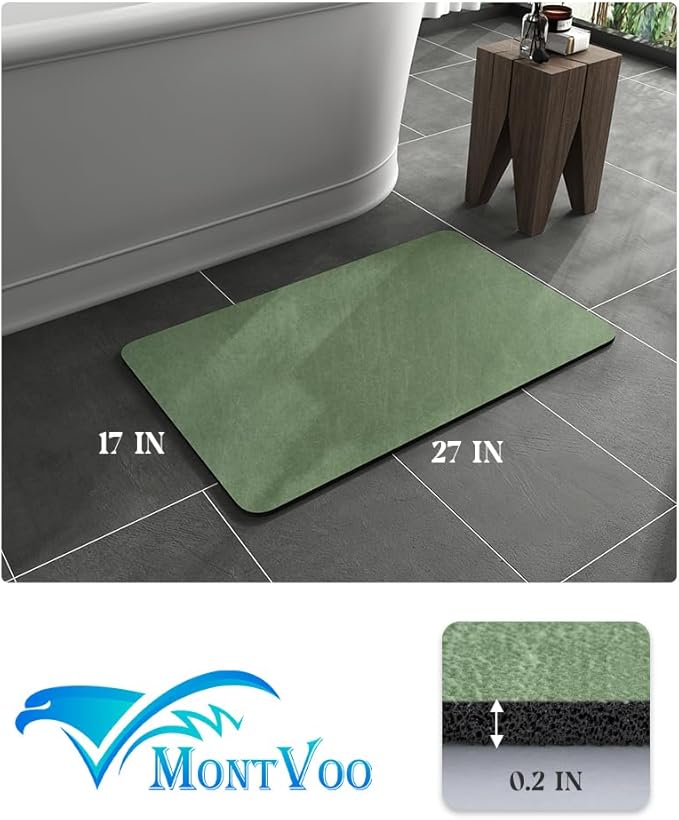 MontVoo -Bath Mat Rug-Rubber Backing Non Slip Quick Dry Absorbent Thin Bathroom Rugs Fit Under Door-Faux Suede Surface Bathroom Floor Mats-Shower Rug for in Front of Bathtub Shower Sage Green 17x27.5
