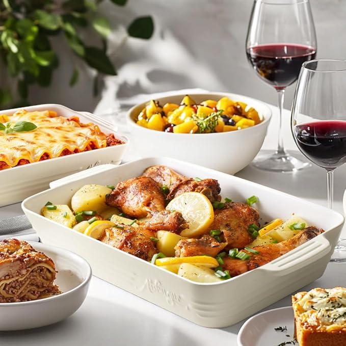 Ceramic Baking Dish Set, 3-Piece Casserole Dishes for Oven, Rectangular Baking Pans, Deep Lasagna Pans with Handles, Multi-Size Set for Cooking, Baking, Serving, and Gifting, White (16.1''/12.2''/9'')