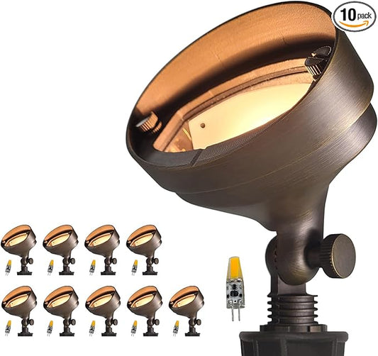 COLOER Die-cast Brass LED Landscape Flood Lights Outdoor 10-Pack with Bulb, 2W 9-17 Volt Low Voltage Wall Wash Lighting, Outdoor Floodlight for Illuminating Signs, Walls and Plant Material(501B)