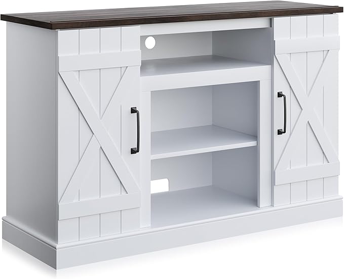 BELLEZE Industrial 47 Inch Rustic Wood TV Stand & Media Entertainment Center Console Table for TVs up to 50 Inch with Open Storage Shelves & Cabinets - Veropeso (White)