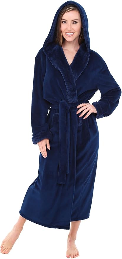 Alexander Del Rossa Womens Robe, Long Plush Bathrobe with Hood, Hooded Robes for Women Plus Size Bath Robe