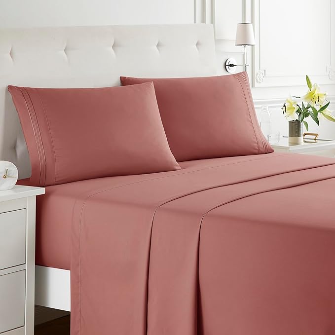 Clara Clark Bed Sheets, Premier 1800 Series Bed Sheet Set, Deep Pocket, Wrinkle, Fade, Stain Resistant, Luxury Soft Bedding Sheets & Pillowcases, King, Pink Clay