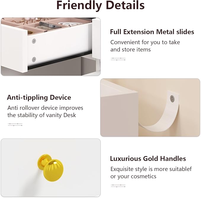 Vanity Desk with Mirror and Lights, White Makeup Vanity Table with Charging Station，Large Vanity Desk with 6 Drawers & 2 RGB Cabinet, Dressing Table Set with Lighted Mirror Adjustable, for Bedroom