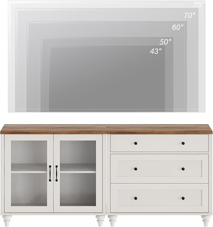 WAMPAT TV Stand for 75 Inch TV, Wood TV Cabinet Entertainment Center Television Stands for Living Room, 2-in-1 Sideboard Buffet Cabinet with Glass Door & Drawer for Kitchen, Off White
