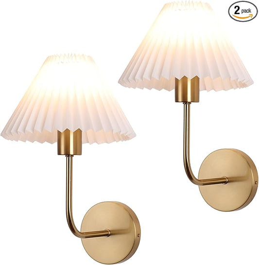 Wall Sconces Sets of 2, White Pleated Fabric lampshade, Brushed Gold Wall Lamp Curved Wall Lighting Bathroom Dresser Hardwired sconces wall decor Fixture Applicable to Living Room Bedroom Dining Room