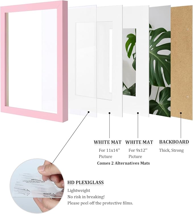 Egofine 12x16 Picture Frame with Plexiglass, Display Pictures 9x12/11x14 with Mat or 12x16 Without Mat for Wall Mounting, Pink
