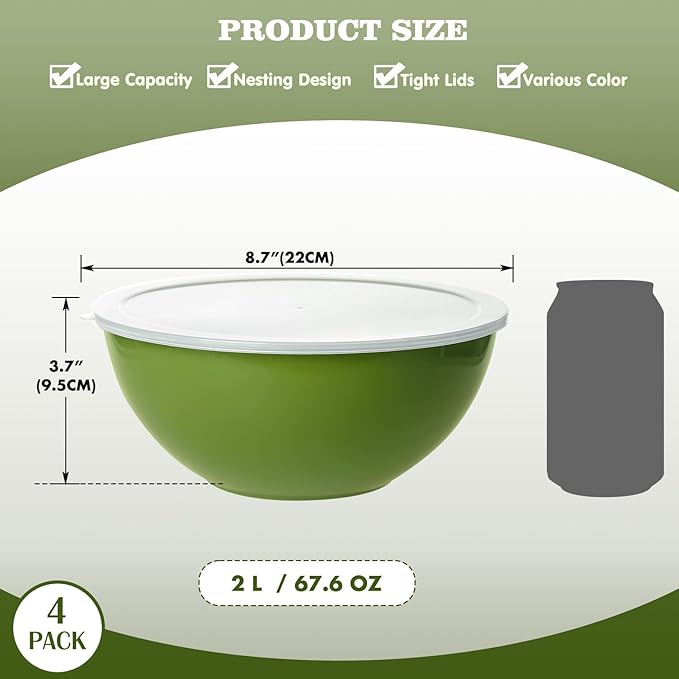 4-Piece Plastic Mixing Bowl Set with Lids for Kitchen, 67oz Lightweight Storage Bowls, Large Salad Bowls for Baking, Prepping, Cooking and Serving Food, Dishwasher & Microwave Safe