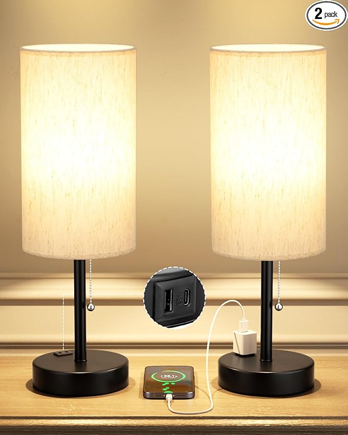 Plus Bedside Table Lamps Set of 2-3 Color Temperatures Pull Chain Lamp with AC Outlet Charging Port, Round Night Stand Lamps for Bedroom Guest Room Office, Bed Side Light with E26 LED Bulbs