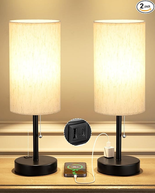 Plus Bedside Table Lamps Set of 2-3 Color Temperatures Pull Chain Lamp with AC Outlet Charging Port, Round Night Stand Lamps for Bedroom Guest Room Office, Bed Side Light with E26 LED Bulbs