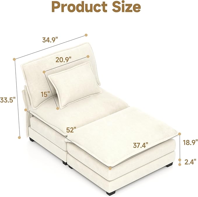 Real Relax 34.9'' Modular Sectional Sofa, Single Seat Without Armrest Chenille Convertible Couch with Movable Ottoman, 2 Pillows for Living Room, Office and Leisure Places, Beige