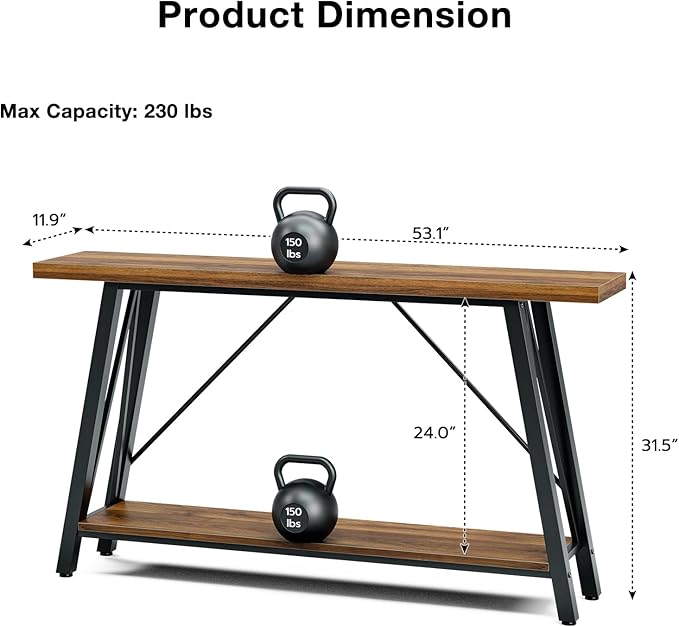 GAZHOME Console Table with Storage Shelf - Industrial Style Sofa Table Behind Couch for Living Room & Entryway, Rustic Brown,53.1 Inch