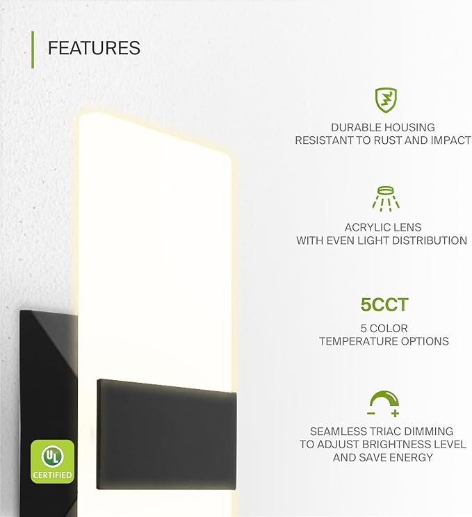 ASD 12 Inch LED Indoor Wall Sconce - Modern Interior 12W 2700K-5000K Adjustable Dimmable Wall Mounted Light Fixtures, Acrylic Glass Wall Lights for Stairway, Hallway - UL, Matte Black, 2 Pack