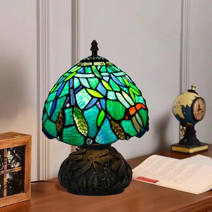 Small Tiffany Stained Glass Lamp, 3 Color Temperatures Bedside Lamp, 8 Inch Mushroom Desk Light for Bedroom Living Room Office Home Decor (Wheat Pattern)