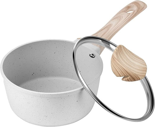 VEVOR 1.5 QT Saucepan, Nonstick Saucepan with Tempered Glass Lid, Multipurpose Cooking Sauce Pot with Detachable Handle, Sauce Pan Small Kitchen Cooking Pot with Coating, Induction Compatible, White