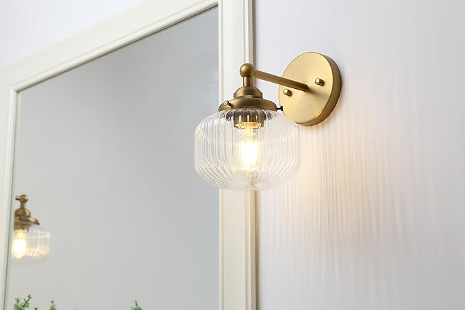 Yosoan Brass 1-Light Indoor Modern Wall Sconce, Vanity Boho Modern Gold Single Vintage Industrial Wall Mount Fixture with Striped Glass Shade for Bathroom Kitchen Mirror Bedroom Dinning Room(Antique)