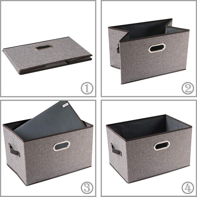 PRANDOM Larger Collapsible Storage Bins for Closet [5-Pack] Decorative Linen Fabric Storage Baskets Cubes with Leather/Metal Handles for Living Room Grey (17.3x12.2x10.4 Inch)