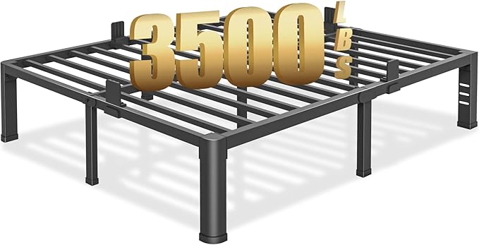 14 inch Queen Bed Frame with Round Corner Legs and Headboard Hole Mattress Slide Stopper 3500 lbs Heavy Duty Metal Platform,Steel Slats Support,No Box Spring Needed,Easy Assembly,Noise Free