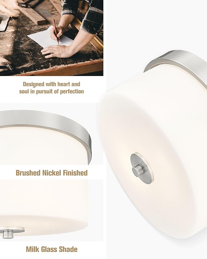 Emak Brushed Nickel Ceiling Light Fixture, Modern Flush Mount Light Fixture with Milk Glass Shade, 11 Inch 2-Light Ceiling Lights for Bedroom, Living Room, Kitchen, Hallway, Bathroom, FM082-BN-ML