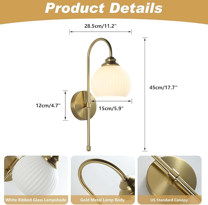 KCO Lighting 1-Lighting Milk Ribbed Glass Wall Sconce Indoor Gold and White Wall Sconce Minimalist Slim Long Sconces Brass Hallway Wall Light Fixtures Globe Vanity Lights for Bathroom Bedroom