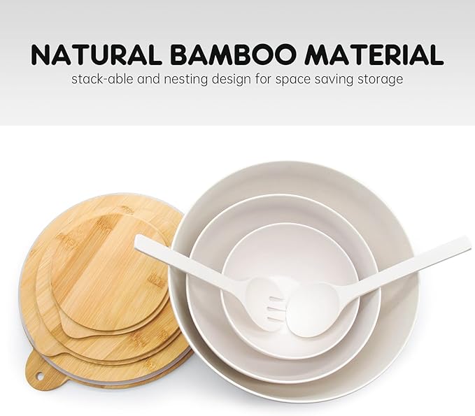 Salad Bowls Set of 3 with Seal Lid & Serving Utensils, Bamboo Fiber Mixing Bowls Set Large Serving Bowls & Storage Set with Bamboo Lid for Salad, Kitchen Eating, Pasta, Popcorn, Fruit, White