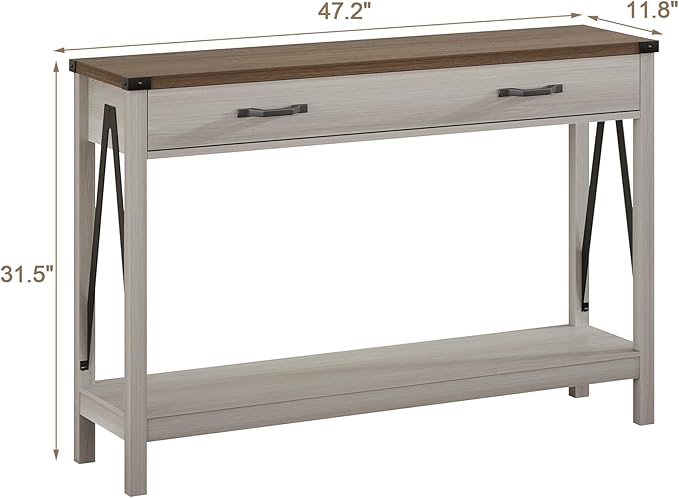 ChooChoo 47'' Farmhouse Console Table with Drawer, Entryway Table with Storage Shelf, Rustic A-Design Sofa Table for Hallway, Entrance, Living Room, White&Brown