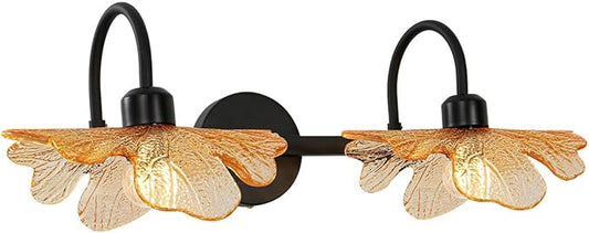2 Light Bathroom Vanity Light Black Wall Sconce with Amber Flower Glass Shade mid Century Wall Light Vintage Wall Sconce Matte Black Vanity Light Over Mirror for Bedroom Hallway Living Room