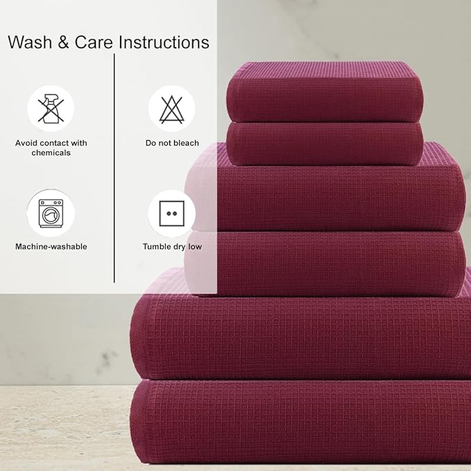 CASA COPENHAGEN Waffle Terry Towel 6Pcs Set, Cotton Extra Large Luxurious- Burgundy, 2Bath Sheets XL- 35 x 70 Inch, 2Large Hand Towels- 20 x 31Inch, 2Large Washcloths- 16 x 16 Inch