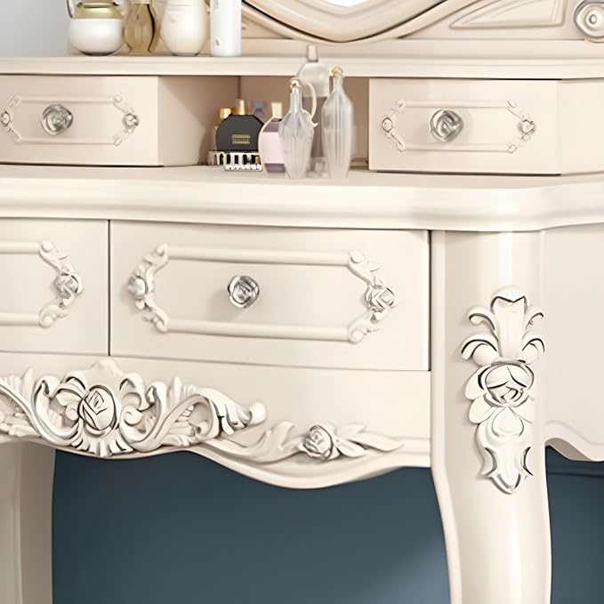 CraftThink Modern Makeup Vanity Set, Bedroom Makeup Vanity Desk Wood Vanity Dressing Table for Bedroom, Makeup Vanity & Mirror & Stools Pentagram 31" L x 19" W x 64" H