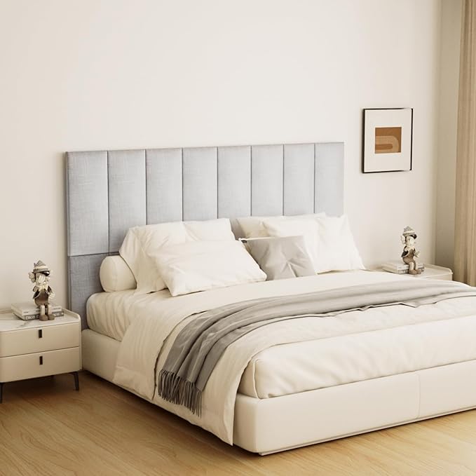 Upholstered Wall Mounted Headboard, 3D Soundproof Wall Panels Peel and Stick, King Size, Tufted, Light Grey (12 Panels, 10" x 24")