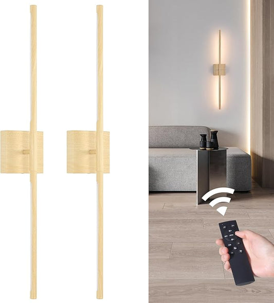 Battery Operated Wall Sconce Set of 2, 10400mAh Rechargeable Wall Sconces, 3000K-6000K Dimmable, 350°Rotate, Indoor Wall Lights for Bedroom Living Room, Original Wood, 31.5 Inch
